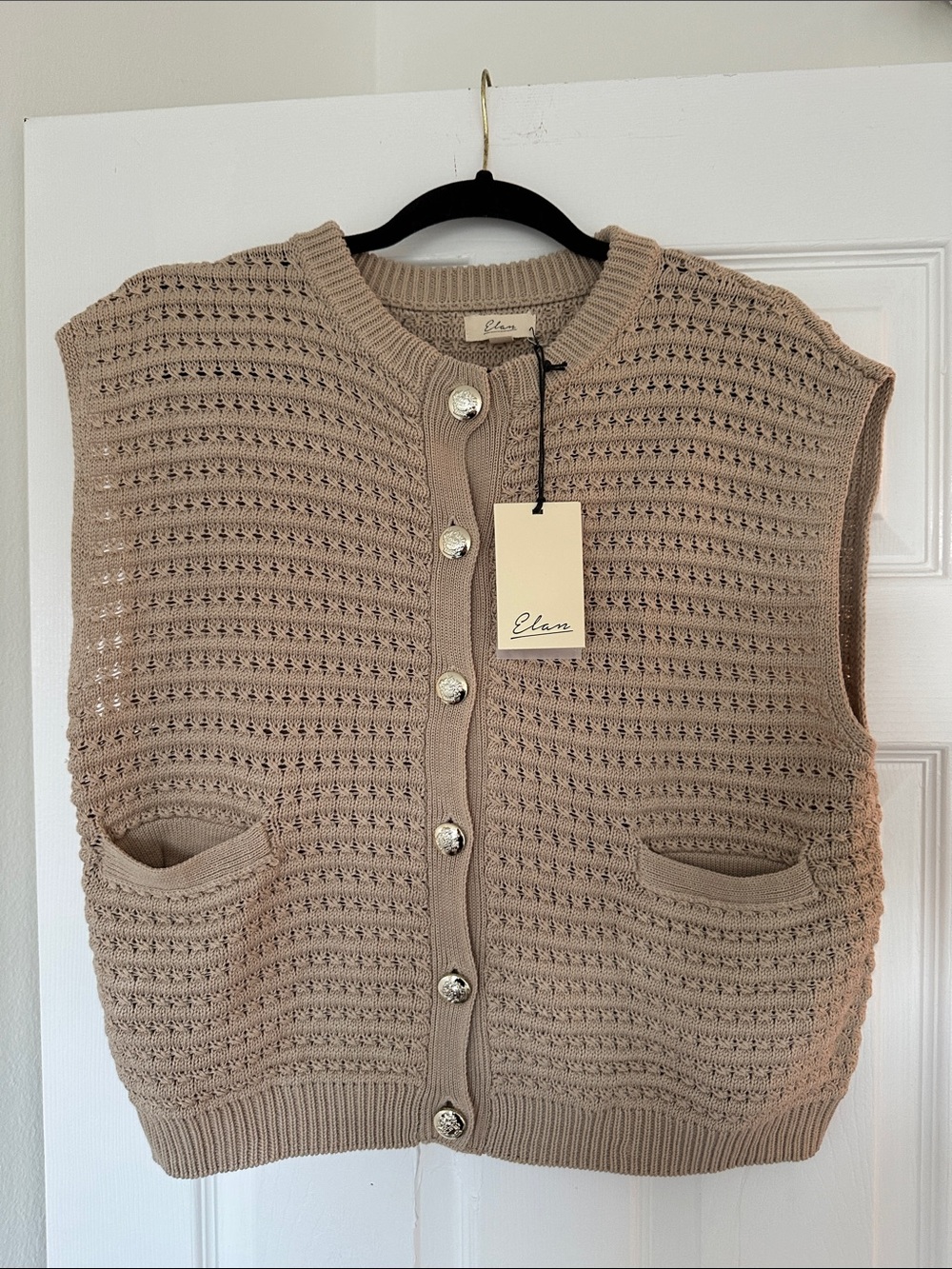 Elan Beige Crochet Knit Button-Front Sleeveless Cardigan Vest